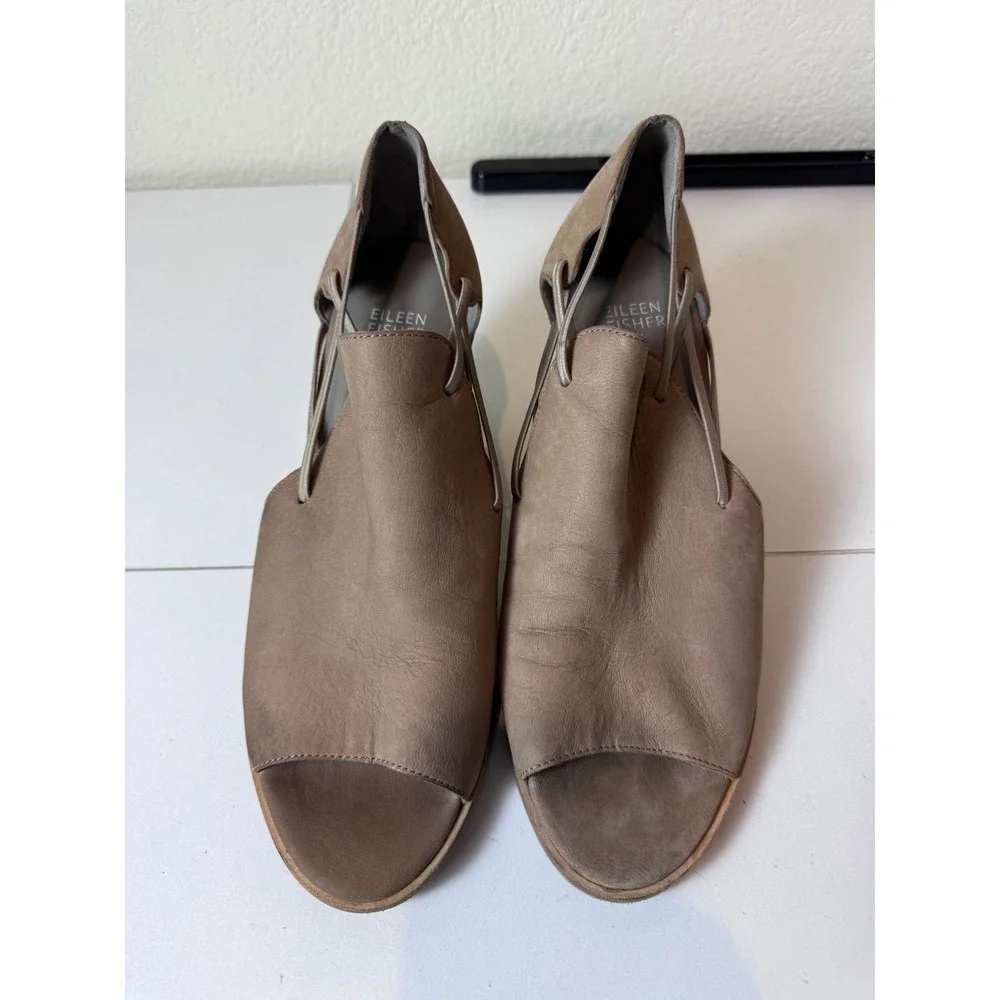 Eileen Fisher Leather Peep Toe Wedge Sandals‎ Womens 9.5 Strappy Boho Festival